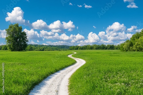 Serene Winding Dirt Path Through Lush Green Rolling Hills Under a Bright Blue Sky with Fluffy White Clouds, Perfect for Landscape and Nature Themes