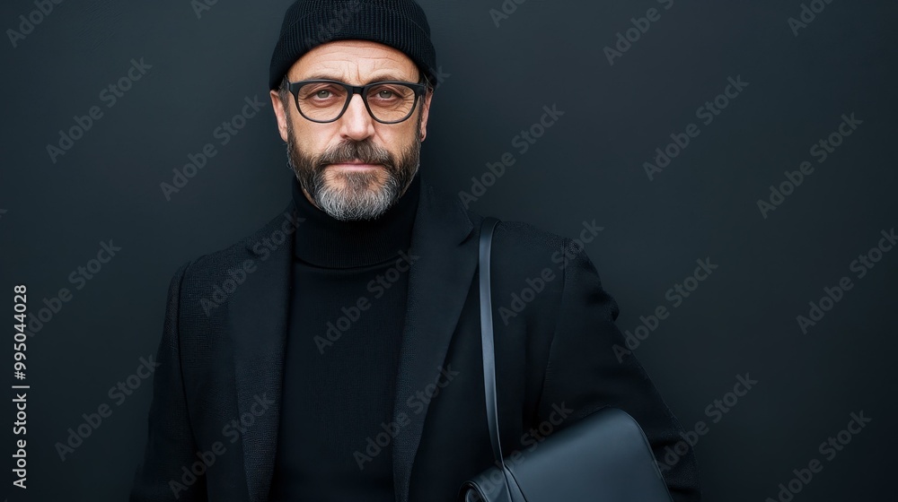 Fototapeta premium A casual man showcases sustainable fashion with an ecofriendly bag against a dark urban backdrop, exuding relaxed confidence.