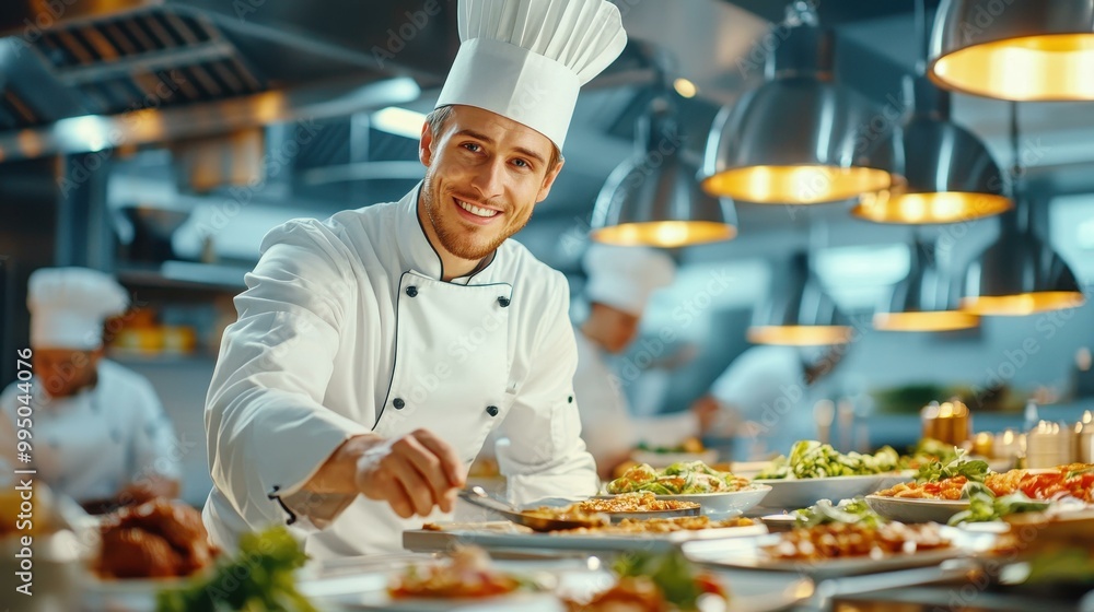 A skilled chef expertly prepares scrumptious dishes in a bustling kitchen, beaming with confidence and passion. A skilled chef expertly prepares scrumptious dishes in a bustling kitchen, beaming with confidence and passion.