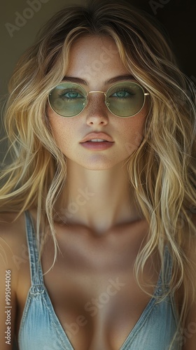 Wallpaper Mural A captivating pose showcasing a toned physique, golden hair, and unique sunglasses, exuding both allure and intimacy. Torontodigital.ca