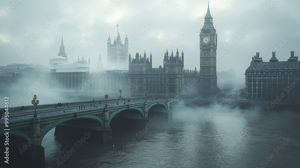 Naklejka premium A foggy view of a famous London landmark.