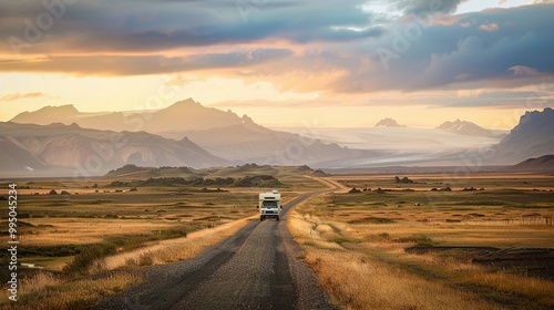 Mountainous Nature Landscape: Tourists in Rental Camper Van on Road Trip in Iceland at Sunset