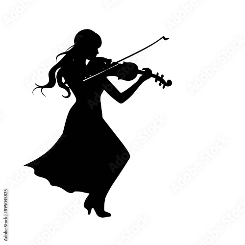 Violinist in Performance Silhouette – Black and White Vector Graphic