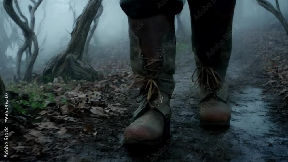A pair of boots walking by themselves down a spooky trail. A pair of boots walking by themselves down a spooky trail.