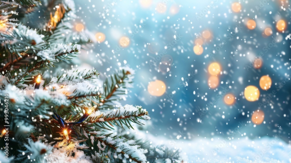 Festive Christmas Background with Snow-Covered Fir Tree and Blurred Lights, Perfect for Winter Landscape, New Year Celebration, Snowy Nature Wallpaper, Christmas Card Template with Space for Text Festive Christmas Background with Snow-Covered Fir Tree and Blurred Lights, Perfect for Winter Landscape, New Year Celebration, Snowy Nature Wallpaper, Christmas Card Template with Space for Text