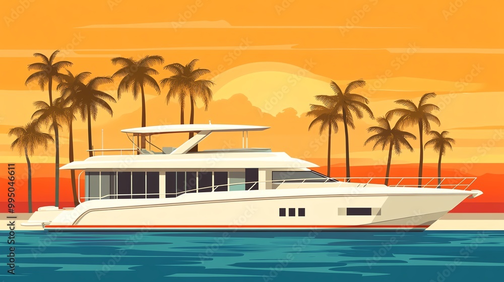 Fototapeta premium Luxury yacht sailing on tranquil waters at sunset, surrounded by picturesque palm trees.