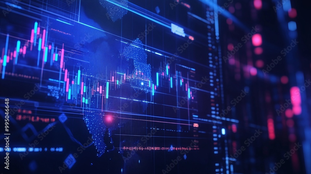 Futuristic digital interface showing fluctuating stock market graphs and data visualization in vibrant blue and pink tones. Futuristic digital interface showing fluctuating stock market graphs and data visualization in vibrant blue and pink tones.
