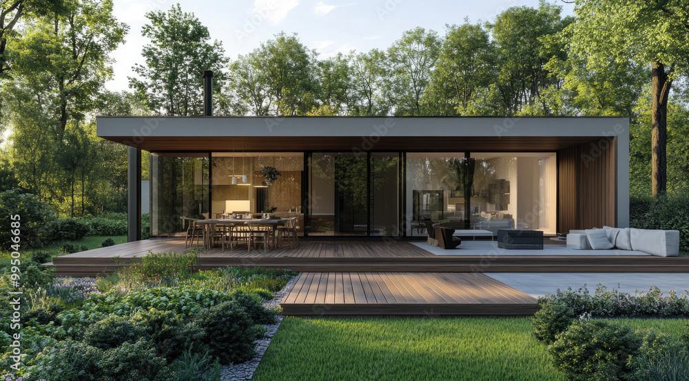 Modern small house with dark gray metal cladding and wooden elements, surrounded by green grass Modern small house with dark gray metal cladding and wooden elements, surrounded by green grass