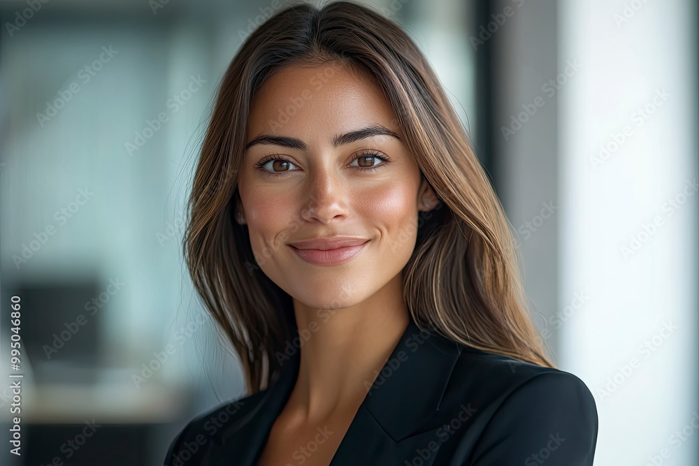 Fototapeta premium Closeup headshot face portrait of beautiful successful hispanic young business woman looking confident at camera. generative ai