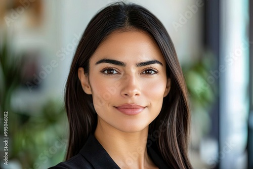 Closeup headshot face portrait of beautiful successful hispanic young business woman looking confident at camera. generative ai