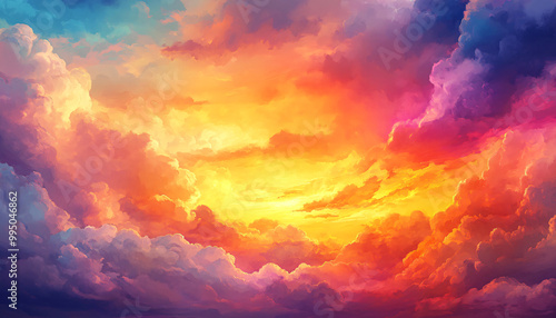 A dreamy sky transitioning from a golden sunset to a full spectrum of rainbow colors, giving off a vibrant yet calming feel