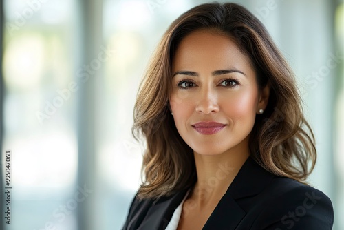 Closeup headshot face portrait of beautiful successful hispanic young business woman looking confident at camera. generative ai