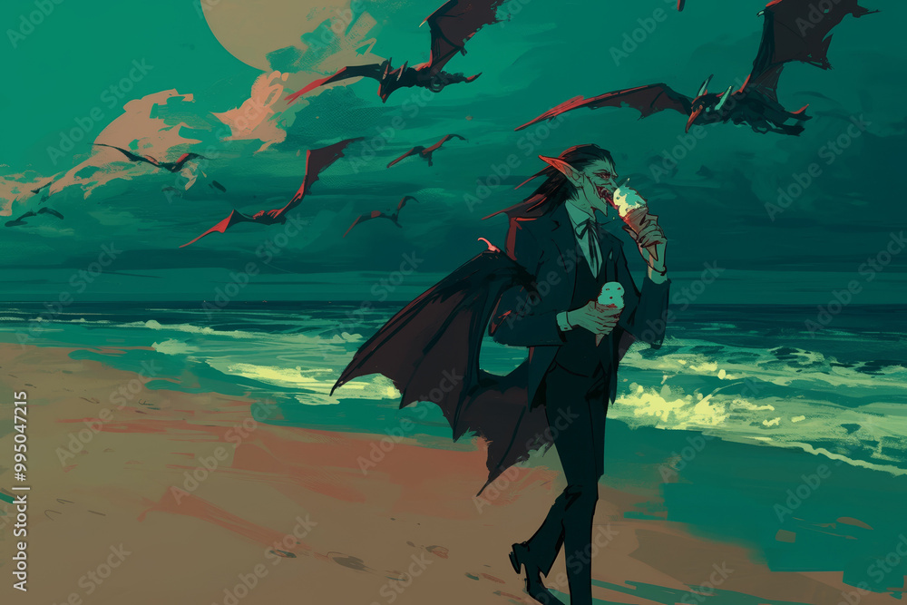 Obraz premium Vampire Enjoying Ice Cream on Moonlit Beach with Bats Flying Overhead