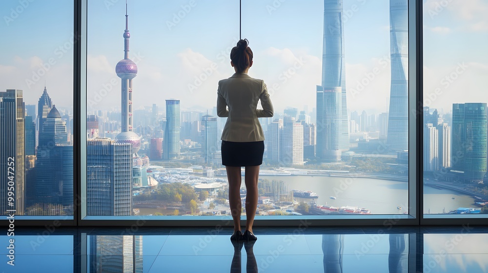 Businesswoman Standing Before a Panoramic View of a Modern Cityscape Businesswoman Standing Before a Panoramic View of a Modern Cityscape