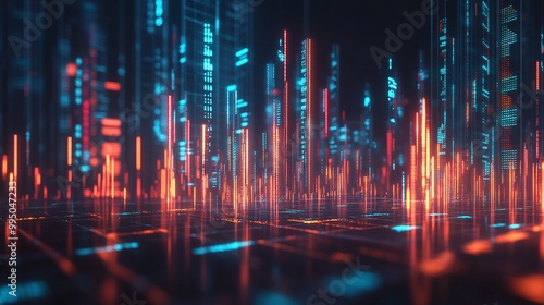 Futuristic digital landscape with glowing data visualizations in blue and orange colors.