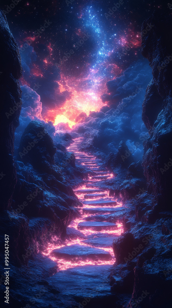Fototapeta premium A mystical stairway leading up to a bright, starry sky.