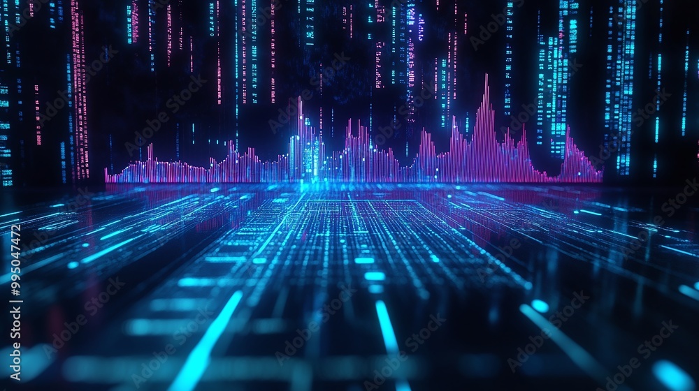 Futuristic digital landscape with neon lights and data visualization elements on a dark background. Futuristic digital landscape with neon lights and data visualization elements on a dark background.