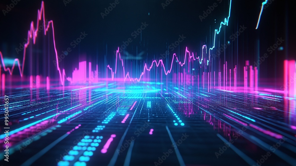 Futuristic digital landscape with vibrant neon graphs and data visualizations, representing technology and innovation. Futuristic digital landscape with vibrant neon graphs and data visualizations, representing technology and innovation.