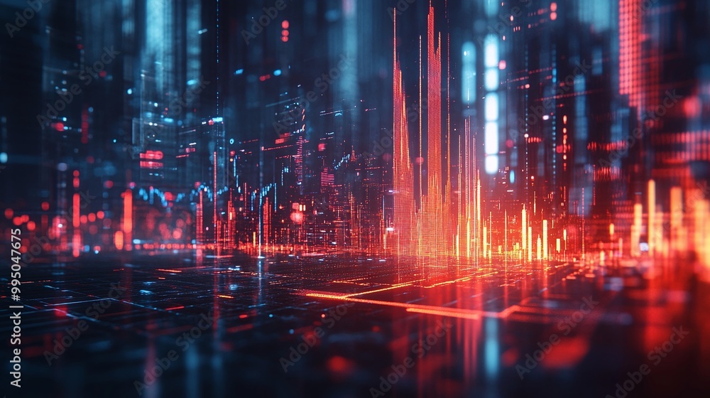 Futuristic digital landscape with vibrant red and blue lighting effects, creating an abstract series of data and signals. Futuristic digital landscape with vibrant red and blue lighting effects, creating an abstract series of data and signals.