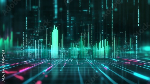 Futuristic digital landscape with vibrant green and pink data visualizations and grid lines on a dark background.