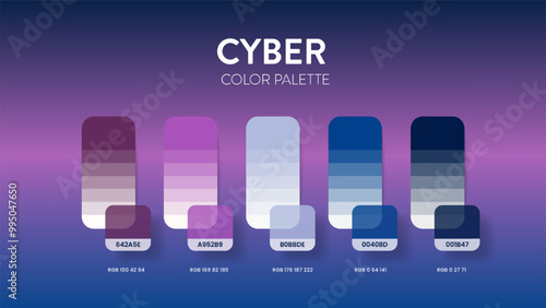 Color palette guide in Cyber colour theme collections. Color inspiration or chart with codes template. Color combination RGB. Colors swatches for graphic design, art, fashion, web or painting. Vector.