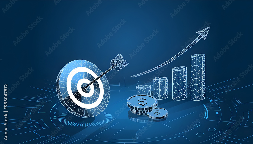 Fototapeta premium Abstract finance successful concept. Digital target, coins, and growth chart on blue technology background. Eco economics metaphor. Low poly wireframe futuristic style. Geometry 