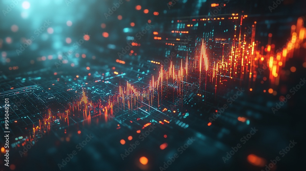 Fototapeta premium Futuristic digital waveforms and data visualizations in a technology-inspired abstract background.