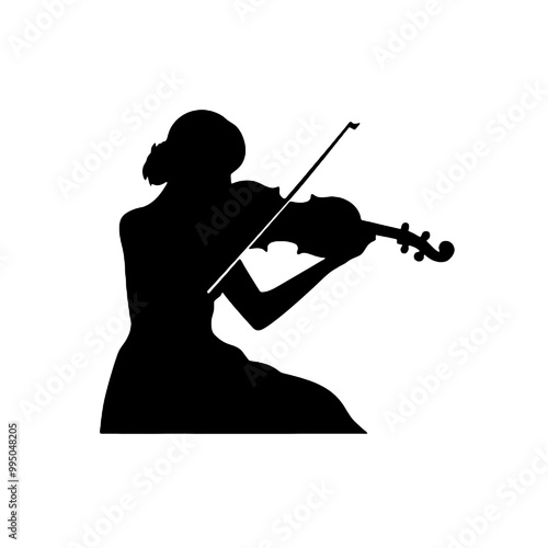 Violinist Silhouette in Action – Black and White Vector Design