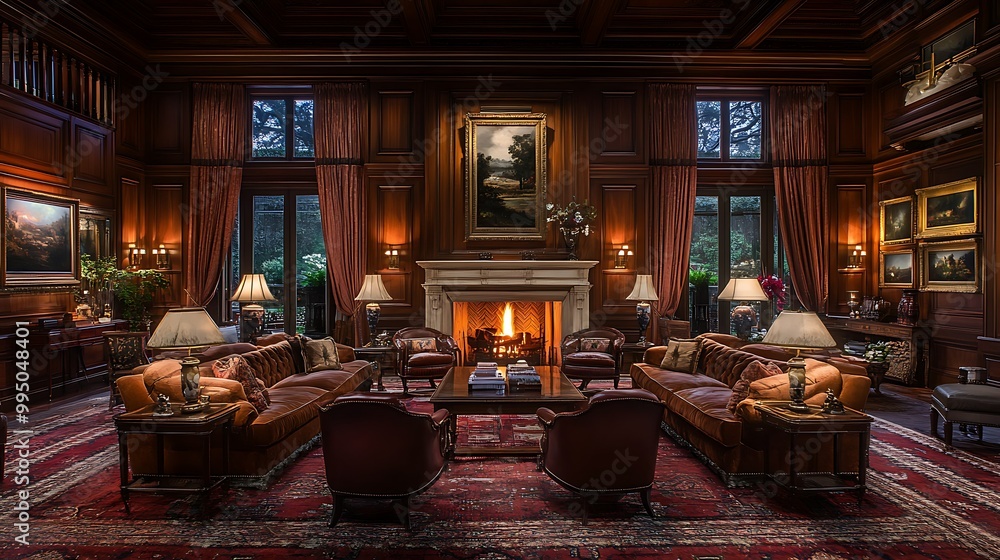 Elegant living room with a cozy fireplace and artwork. Elegant living room with a cozy fireplace and artwork.