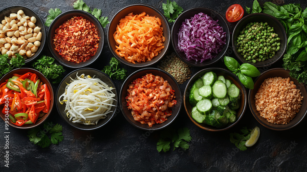 Asian food background with various ingredients on rustic stone background , top view. Vietnam or Thai cuisine. Asian food background with various ingredients on rustic stone background , top view. Vietnam or Thai cuisine.