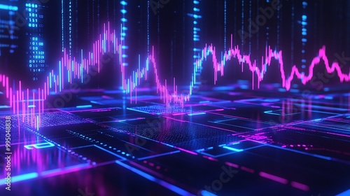 High-tech abstract data visualization with vibrant lines and graphs representing financial trends.