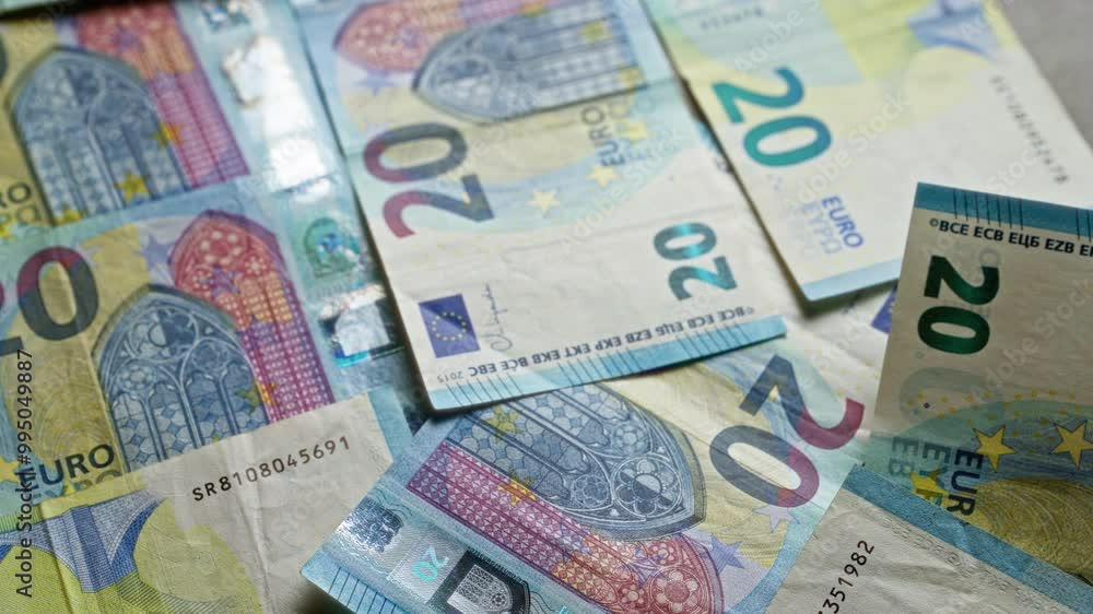 Closeup of scattered euro banknotes featuring multiple denominations, highlighting european currency details, finance concept, and monetary transactions. Closeup of scattered euro banknotes featuring multiple denominations, highlighting european currency details, finance concept, and monetary transactions.
