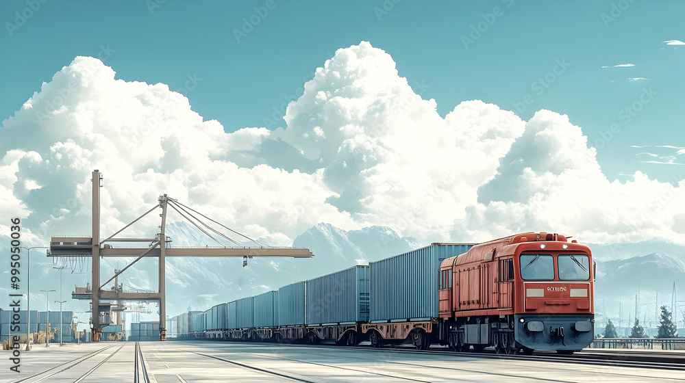 Cargo Train Transporting Goods Through a Port with Cranes Cargo Train Transporting Goods Through a Port with Cranes