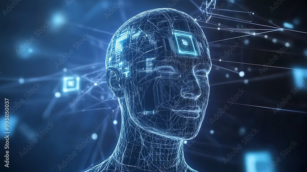 A humanoid cyber human connected to a vast network of data, highlighting the interconnected nature of artificial intelligence and technology. A humanoid cyber human connected to a vast network of data, highlighting the interconnected nature of artificial intelligence and technology.