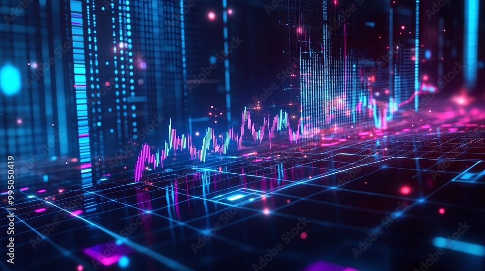 Vibrant digital data visualization with graphs and lights in a futuristic setting, showcasing technology and innovation. Vibrant digital data visualization with graphs and lights in a futuristic setting, showcasing technology and innovation.