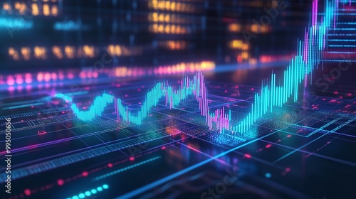 Vibrant digital graph representing data trends and analysis on a futuristic interface.