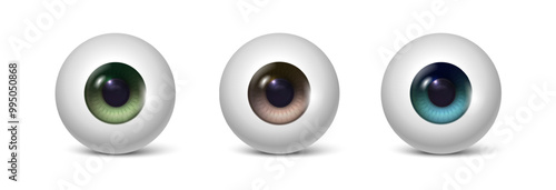 3d realistic vector icon illustration. Set of different color eye balls in green, brown and blue. Isolated. Human anatomy.