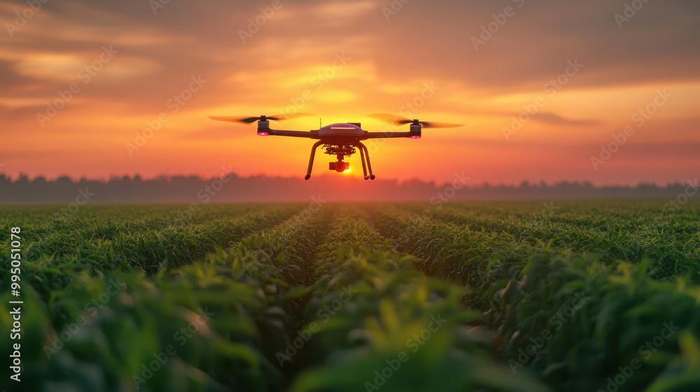 drone flying over large farm at sunset, capturing data for agricultural analysis. vibrant colors of sky enhance serene atmosphere of rural landscape drone flying over large farm at sunset, capturing data for agricultural analysis. vibrant colors of sky enhance serene atmosphere of rural landscape