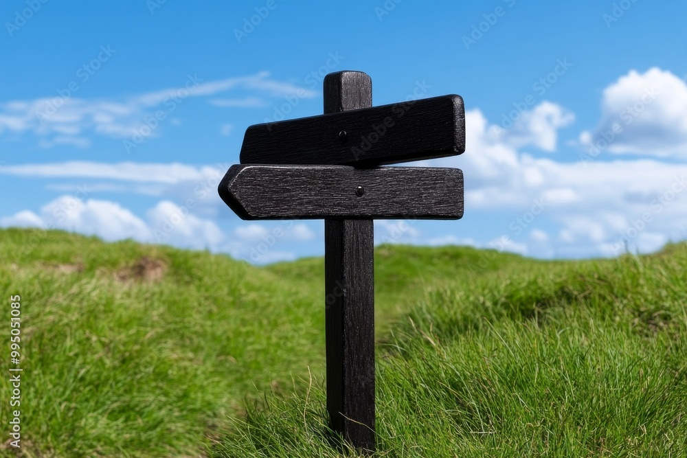 Rustic Black Wooden Signpost with Directional Arrows Set Against a Bright Blue Sky and Lush Green Grass Landscape, Symbolizing Exploration and Adventure