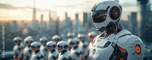 A futuristic scene featuring humanoid robots standing in a cityscape during sunset, showcasing advanced technology and a reflective atmosphere.