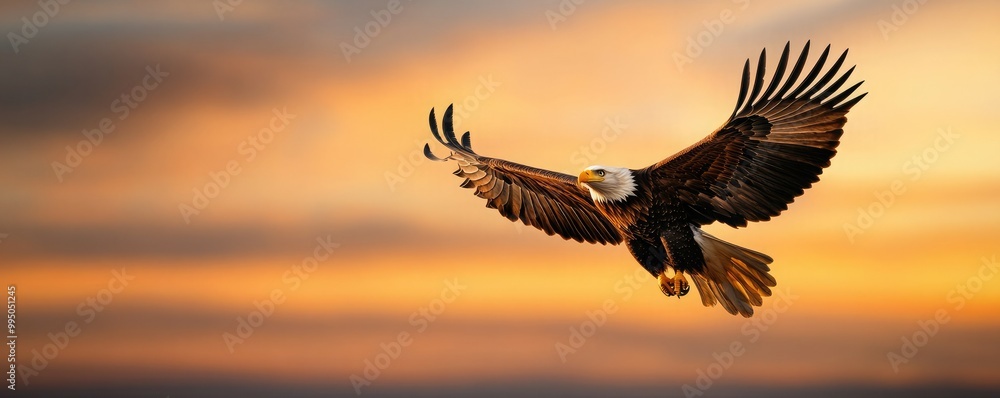 Fototapeta premium A majestic eagle soars against a vibrant sunset, showcasing its powerful wings and keen presence in the sky.