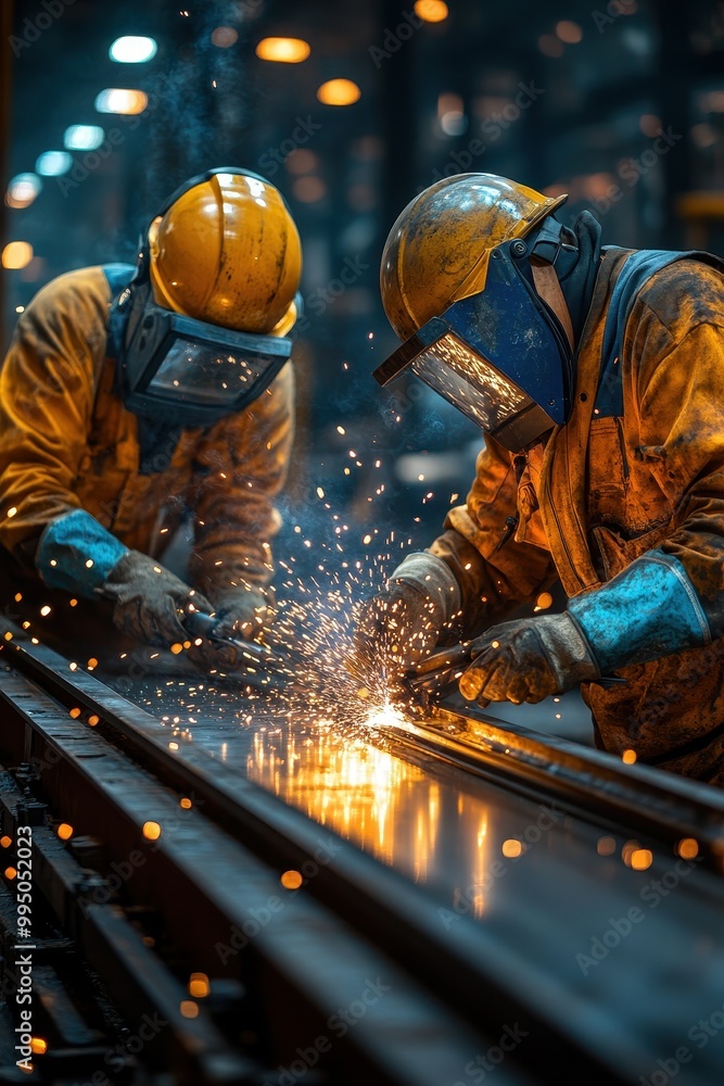 Real Photograph of Two Workers in Protective Suits and Helmets Welding Steel Sheets on Production Line in Factory
Real Photograph of Two Workers in Protective Suits and Helmets Welding Steel Sheets on Production Line in Factory