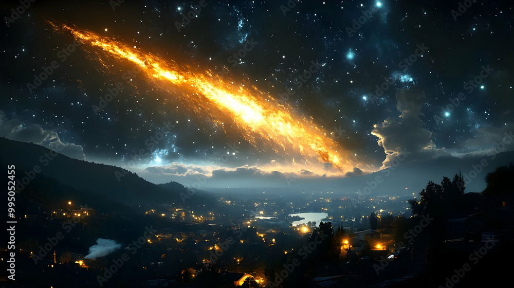 A Blazing Comet Over a Night City, Stars Shine in the Cosmic Sky