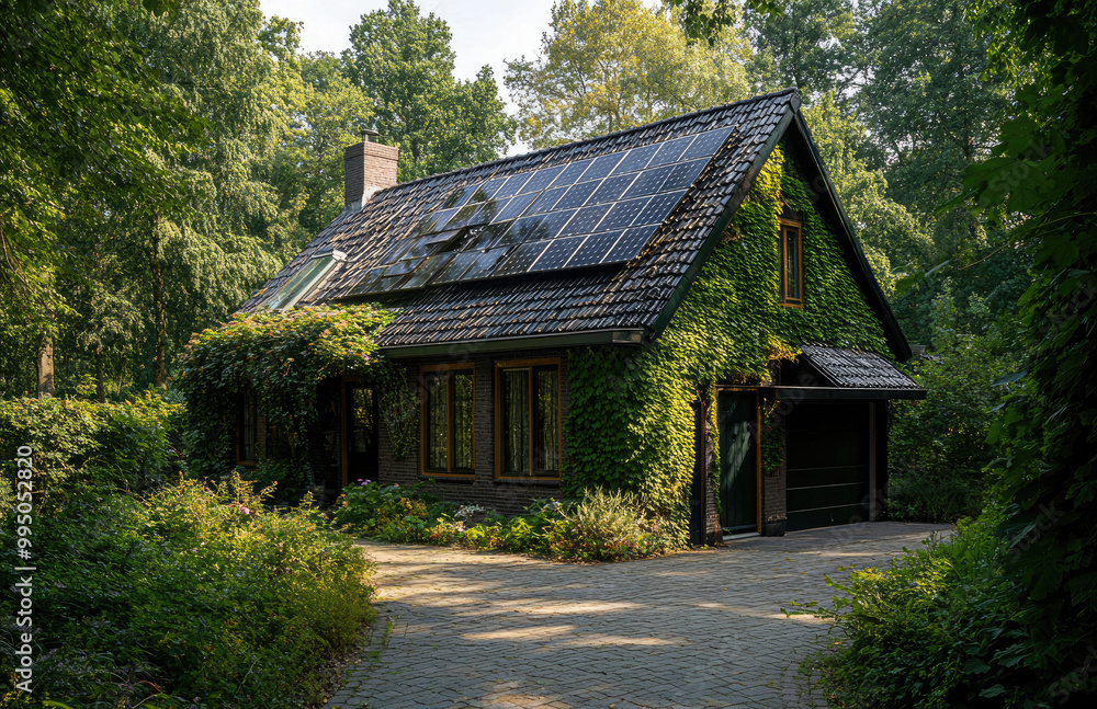 A traditional house with solar panels on the roof, surrounded by lush greenery and trees in an urban park setting. A traditional house with solar panels on the roof, surrounded by lush greenery and trees in an urban park setting.