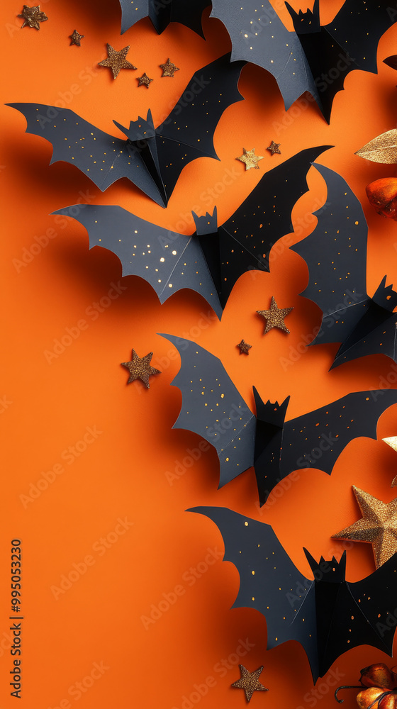 Black bats on an orange background with gold stars. Black bats on an orange background with gold stars.