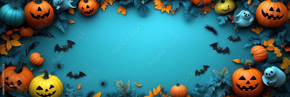 Halloween pumpkins & bats on a blue background. Halloween pumpkins & bats on a blue background.