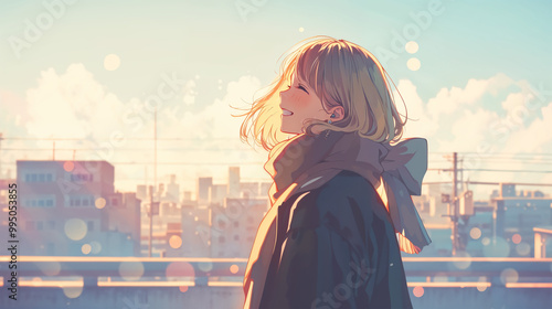 光に照らされる笑顔の女性