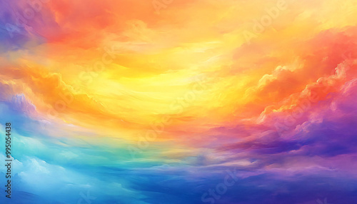 A dreamy sky transitioning from a golden sunset to a full spectrum of rainbow colors, giving off a vibrant yet calming feel