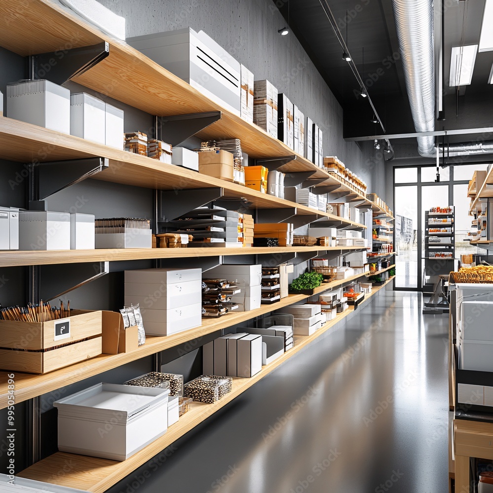 Modern Retail Store Interior with Wooden Shelves. Modern Retail Store Interior with Wooden Shelves.