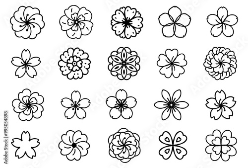 シンプルな花モチーフのパターンイラストセット（モノクロ）